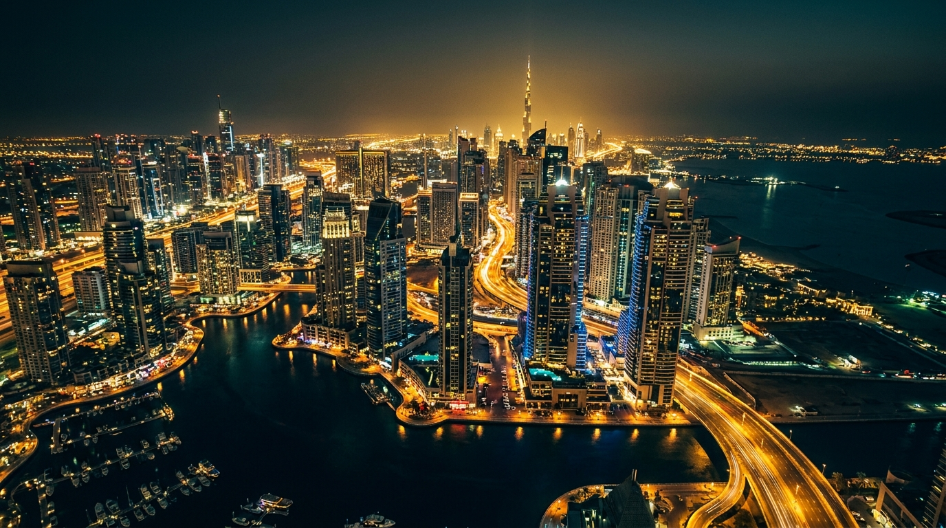 Aerial view of Dubai at night